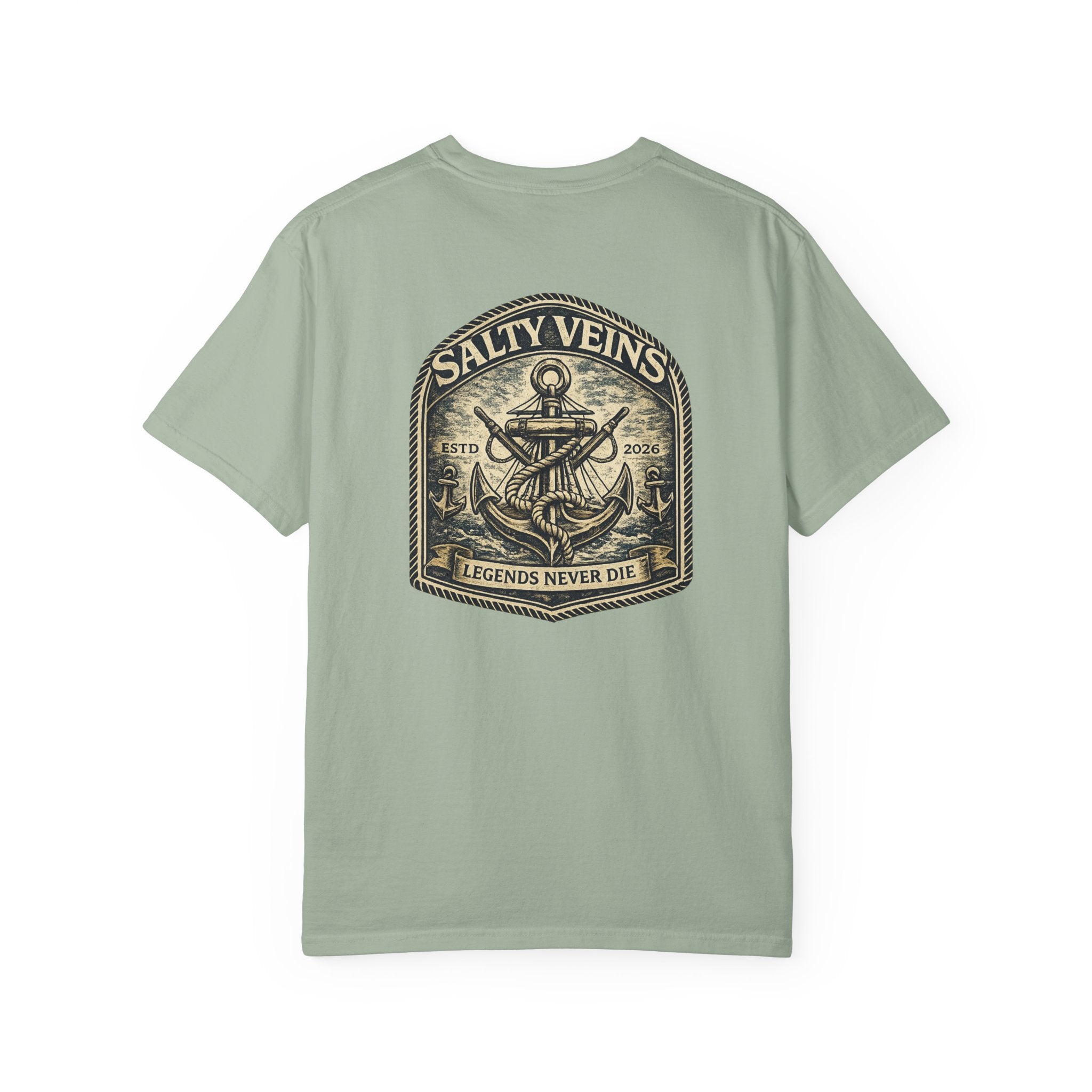 T-shirt Salty Veins Anchor — T-shirt graphique nautique « Legends Never Die »
