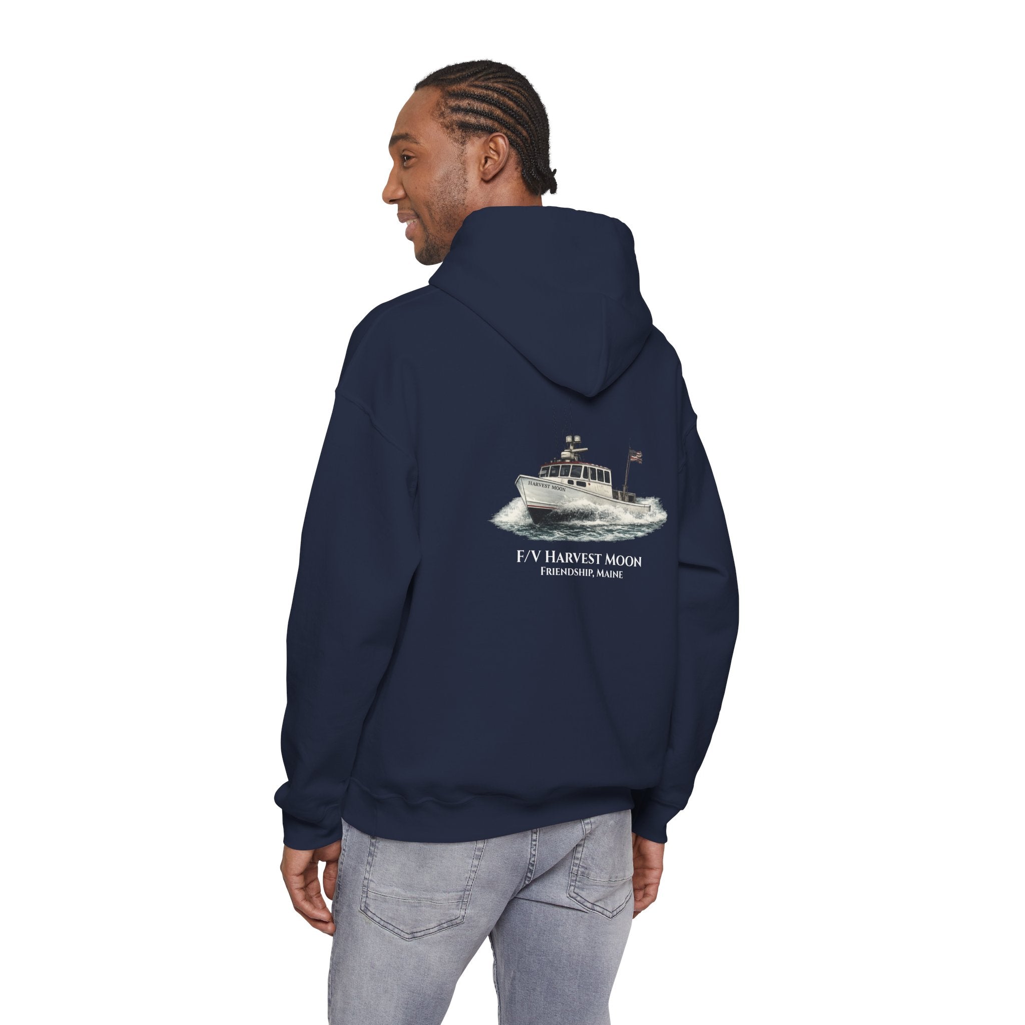 Sweat à capuche Salty Veins F/V — Sweat-shirt à capuche illustré « FV Harvest Moon » (bateau de pêche)