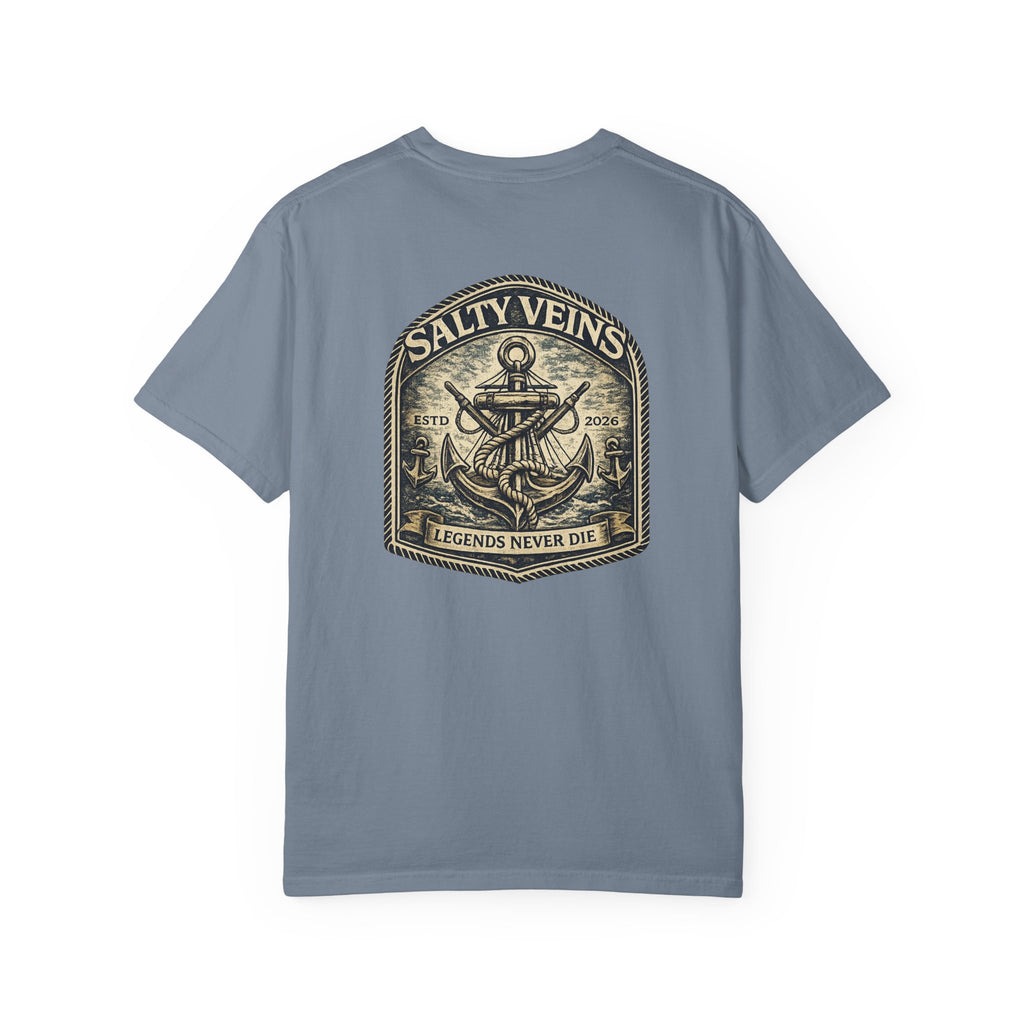T-shirt Salty Veins Anchor — T-shirt graphique nautique « Legends Never Die »