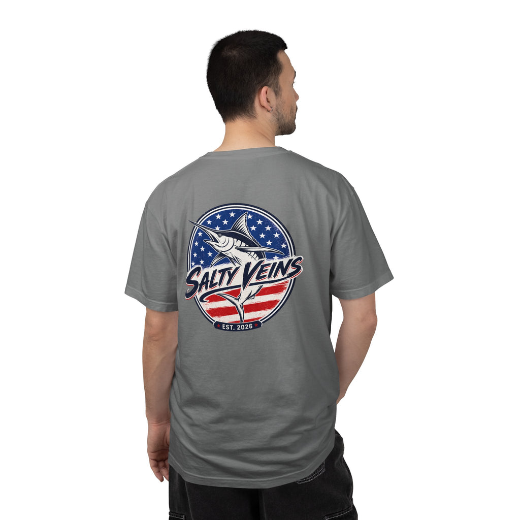 Salty Veins Marlin American Flag Fishing Tee