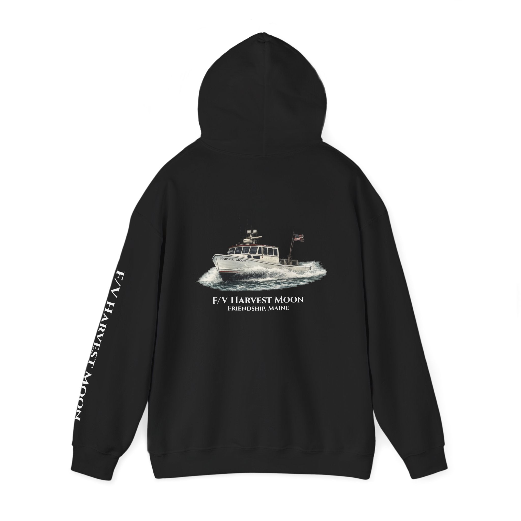 Sweat à capuche Salty Veins F/V — Sweat-shirt à capuche illustré « FV Harvest Moon » (bateau de pêche)