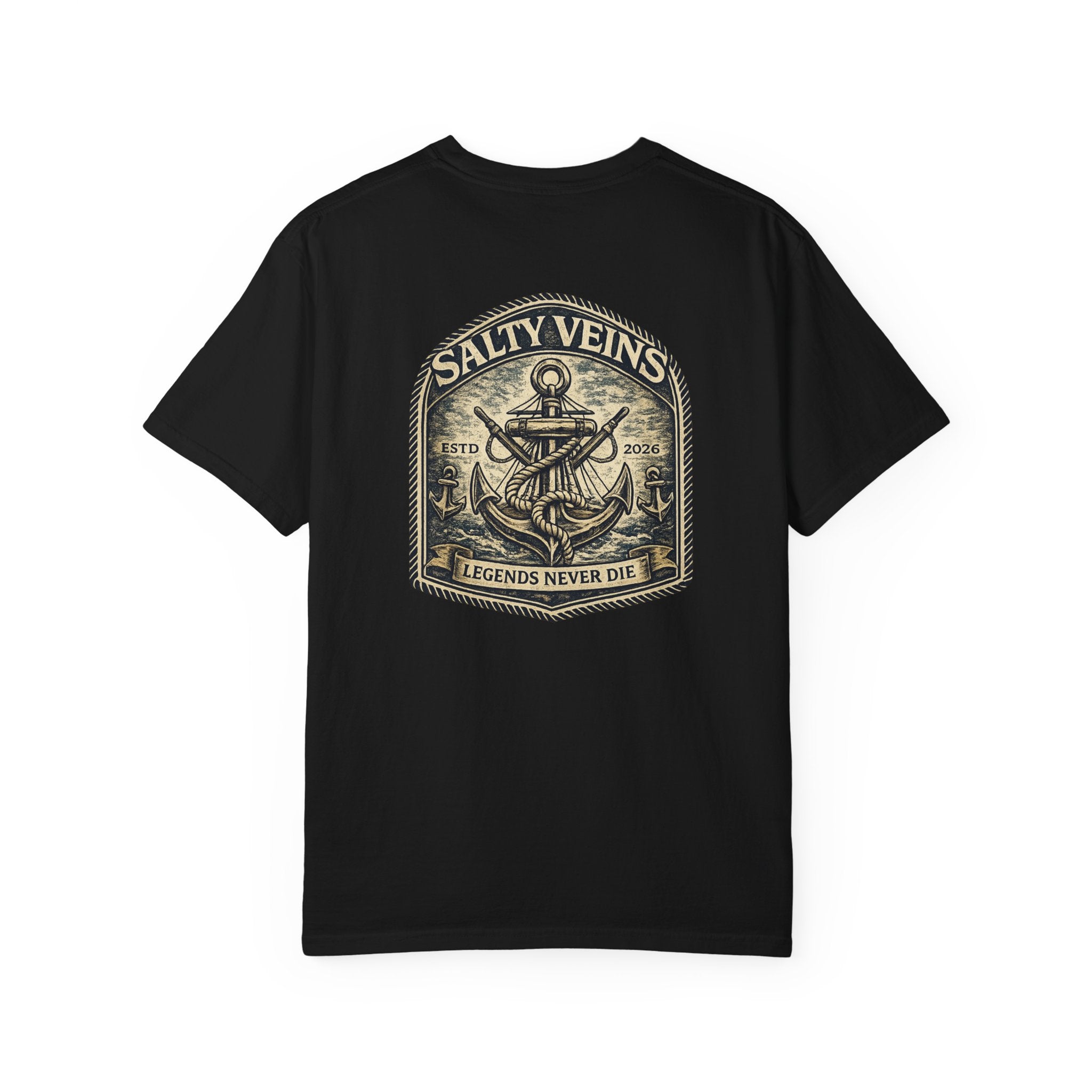 T-shirt Salty Veins Anchor — T-shirt graphique nautique « Legends Never Die »