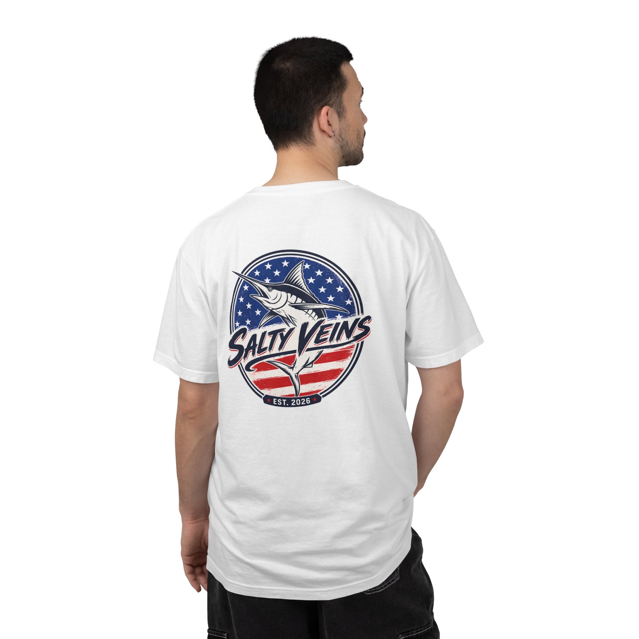 Salty Veins Marlin American Flag Fishing Tee