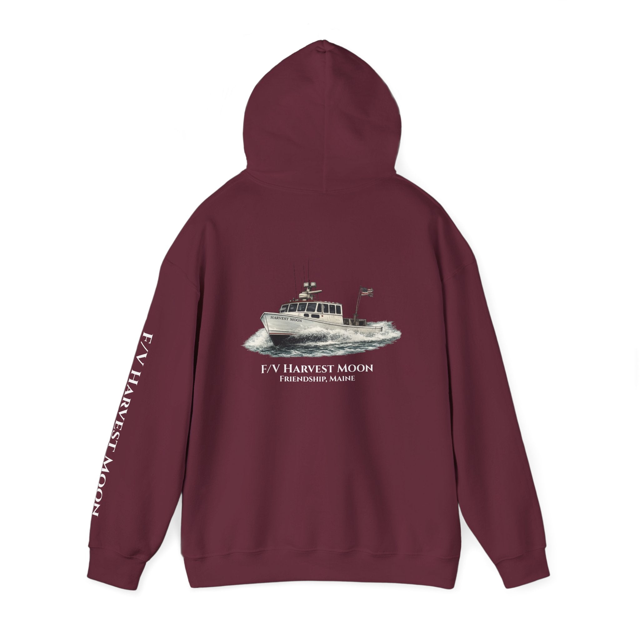 Sweat à capuche Salty Veins F/V — Sweat-shirt à capuche illustré « FV Harvest Moon » (bateau de pêche)