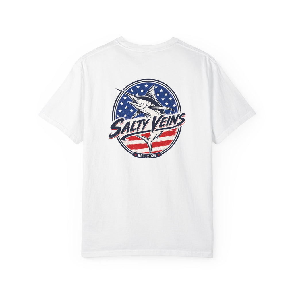 Salty Veins Marlin American Flag Fishing Tee