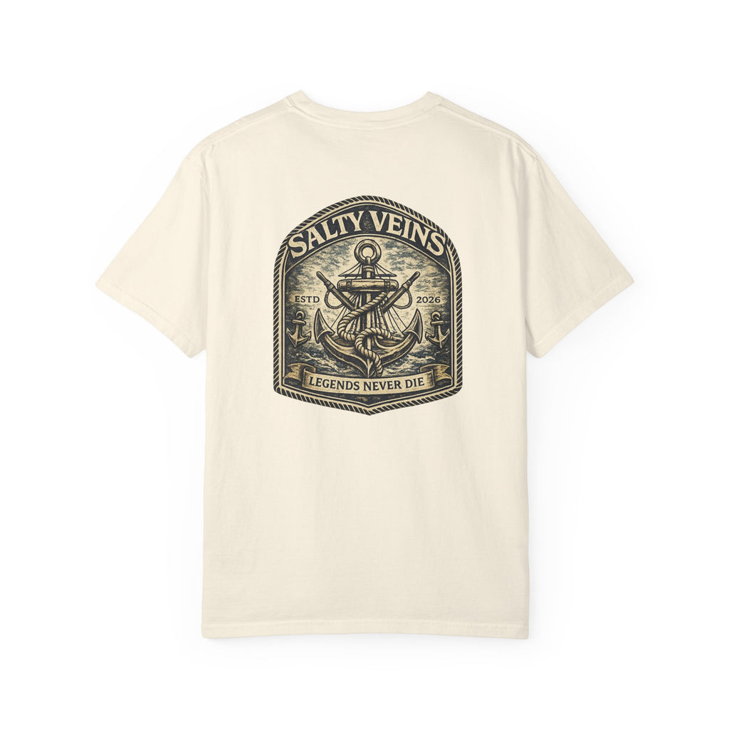 T-shirt Salty Veins Anchor — T-shirt graphique nautique « Legends Never Die »