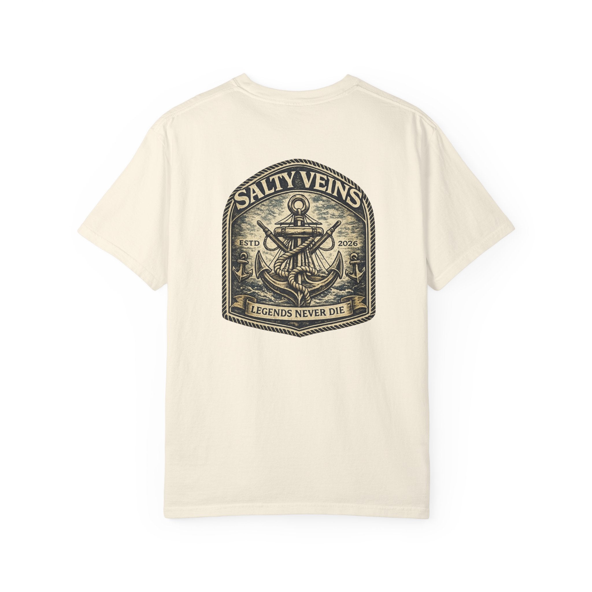 T-shirt Salty Veins Anchor — T-shirt graphique nautique « Legends Never Die »