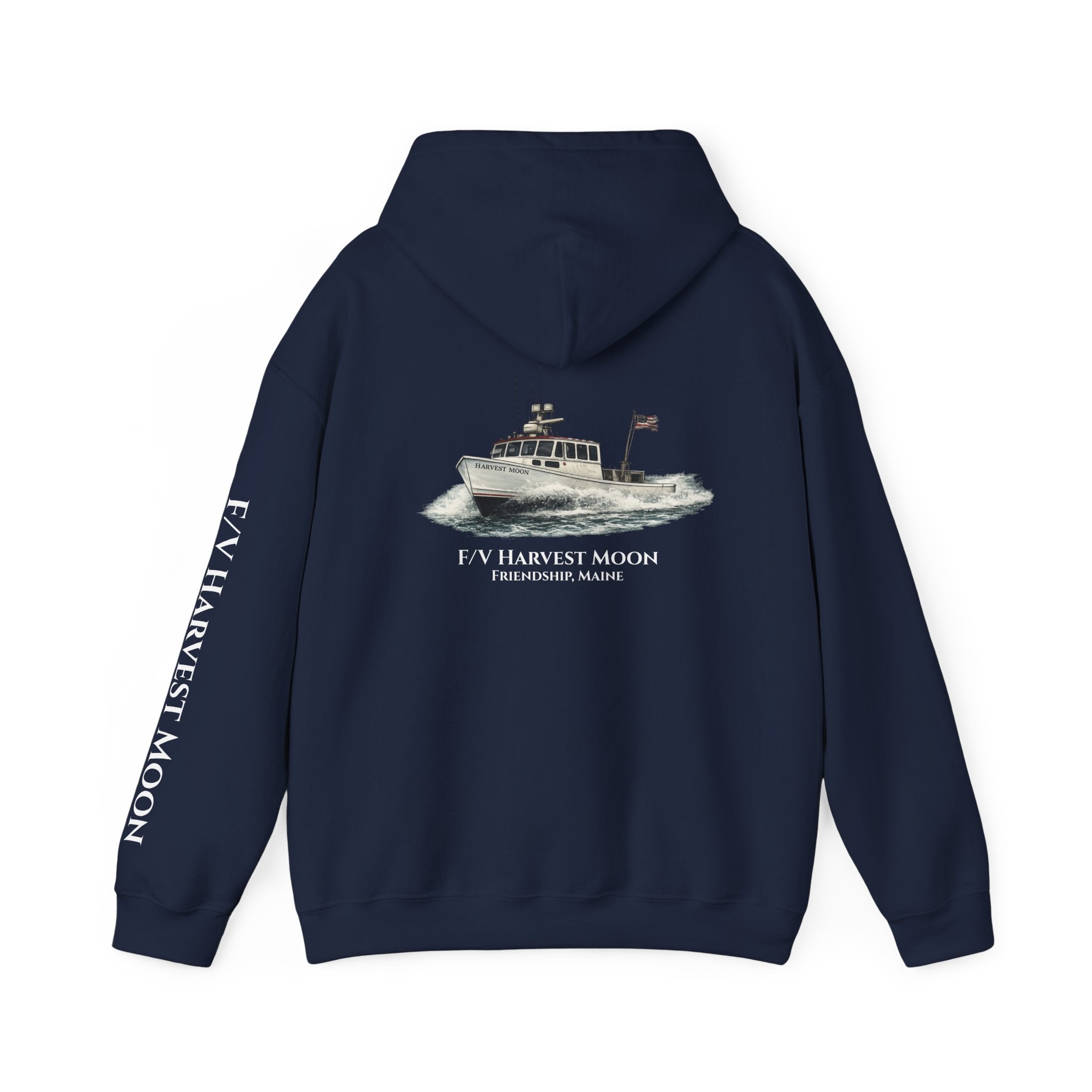 Sweat à capuche Salty Veins F/V — Sweat-shirt à capuche illustré « FV Harvest Moon » (bateau de pêche)