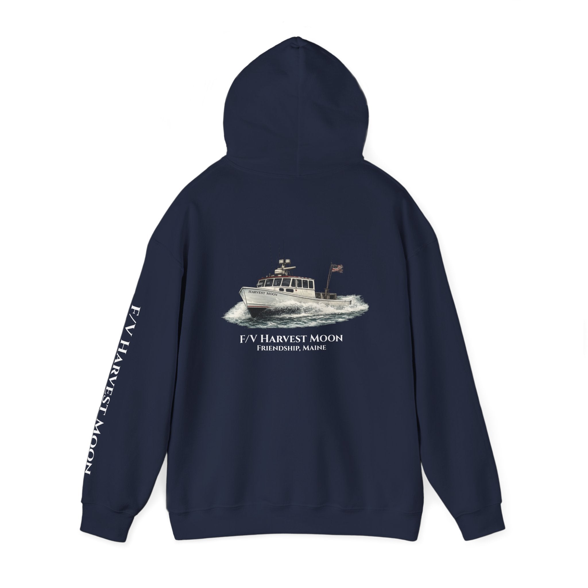 Sweat à capuche Salty Veins F/V — Sweat-shirt à capuche illustré « FV Harvest Moon » (bateau de pêche)