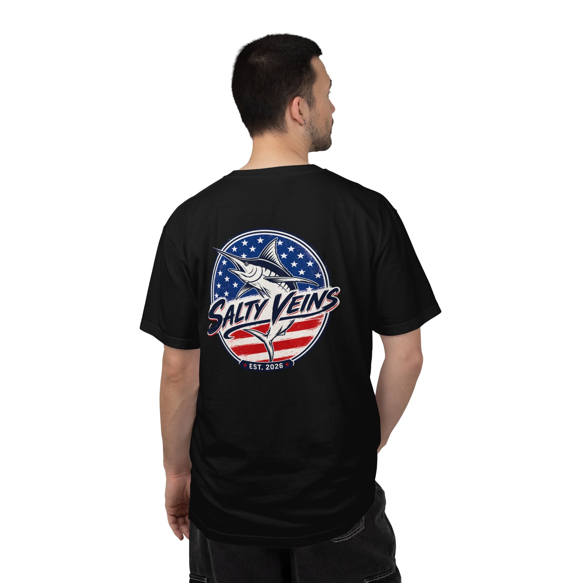 Salty Veins Marlin American Flag Fishing Tee