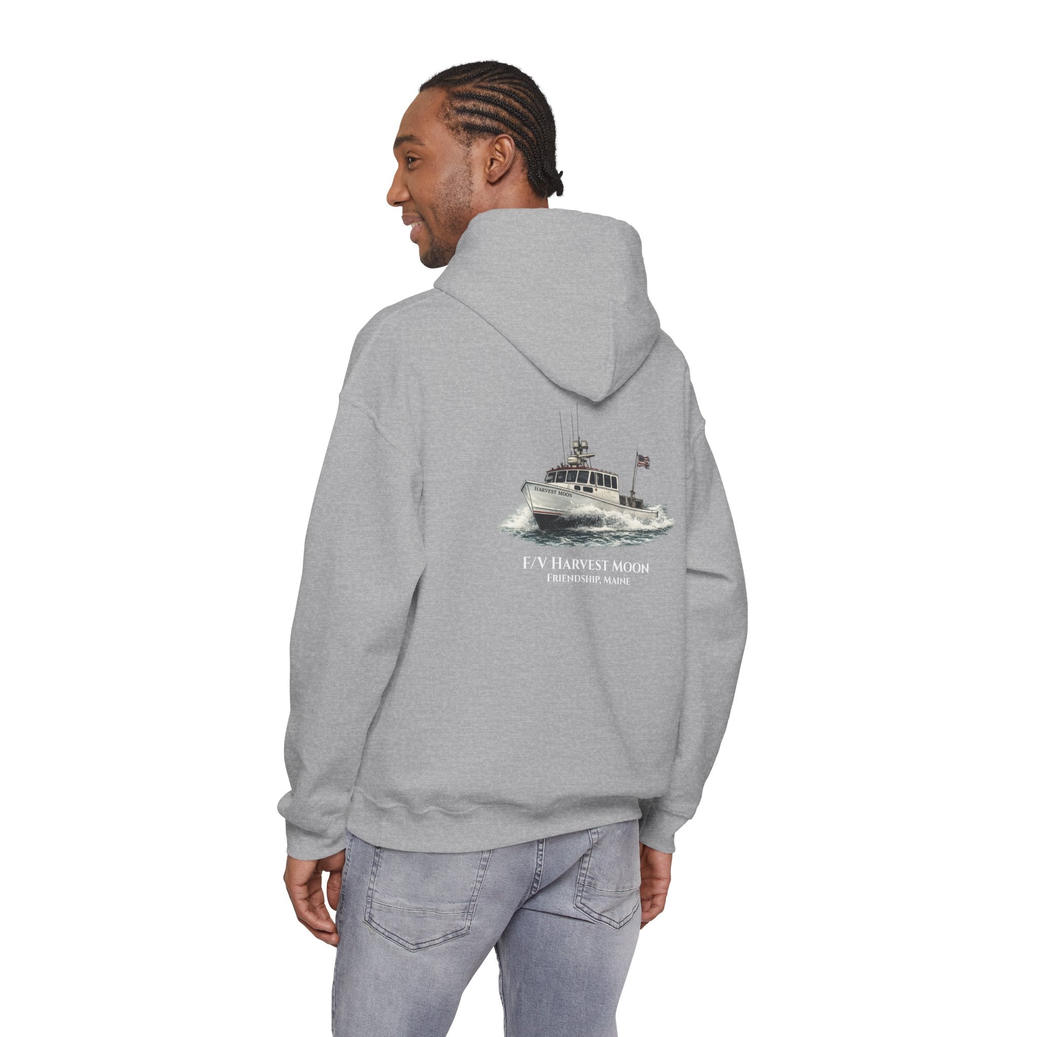 Sweat à capuche Salty Veins F/V — Sweat-shirt à capuche illustré « FV Harvest Moon » (bateau de pêche)