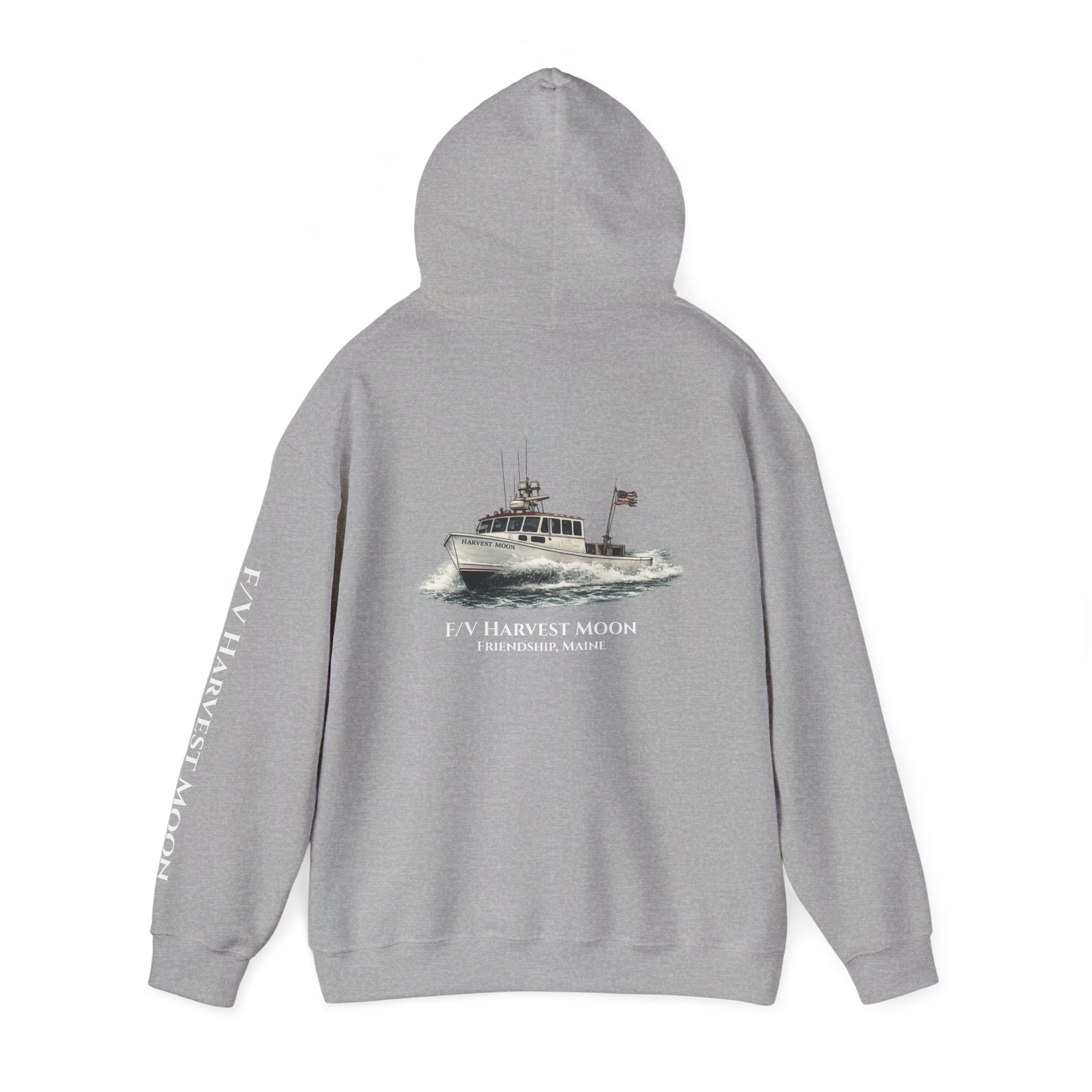 Sweat à capuche Salty Veins F/V — Sweat-shirt à capuche illustré « FV Harvest Moon » (bateau de pêche)