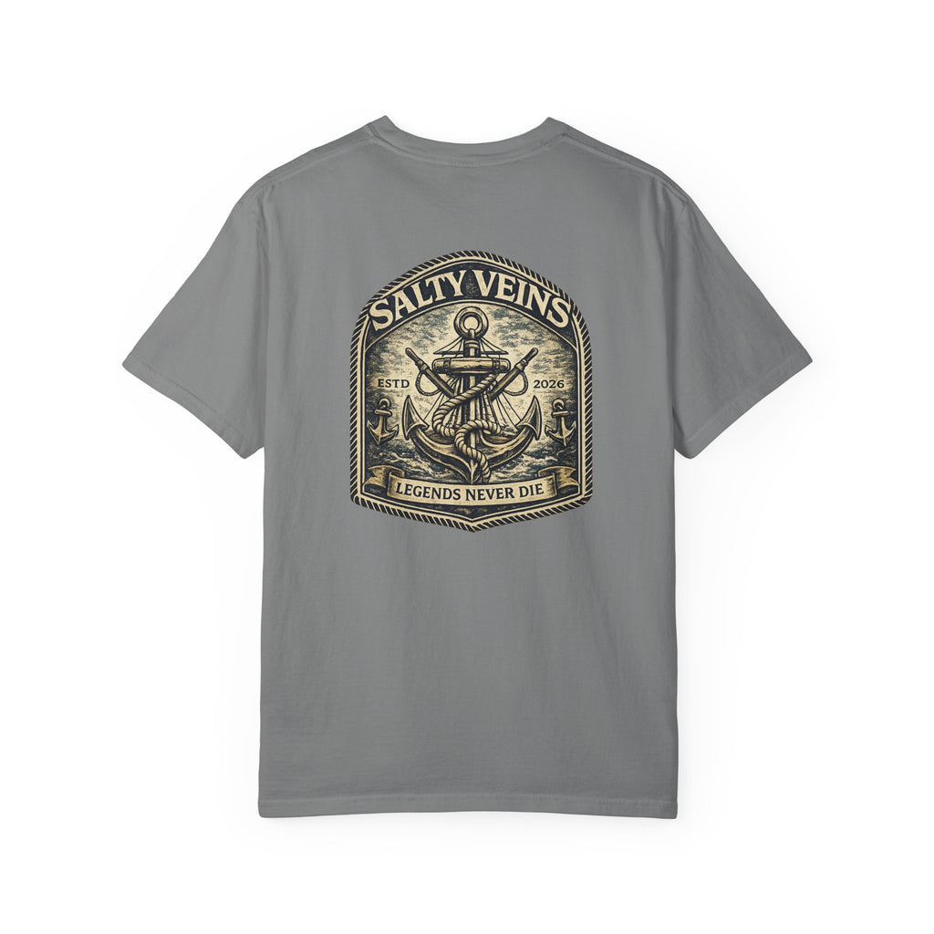 T-shirt Salty Veins Anchor — T-shirt graphique nautique « Legends Never Die »