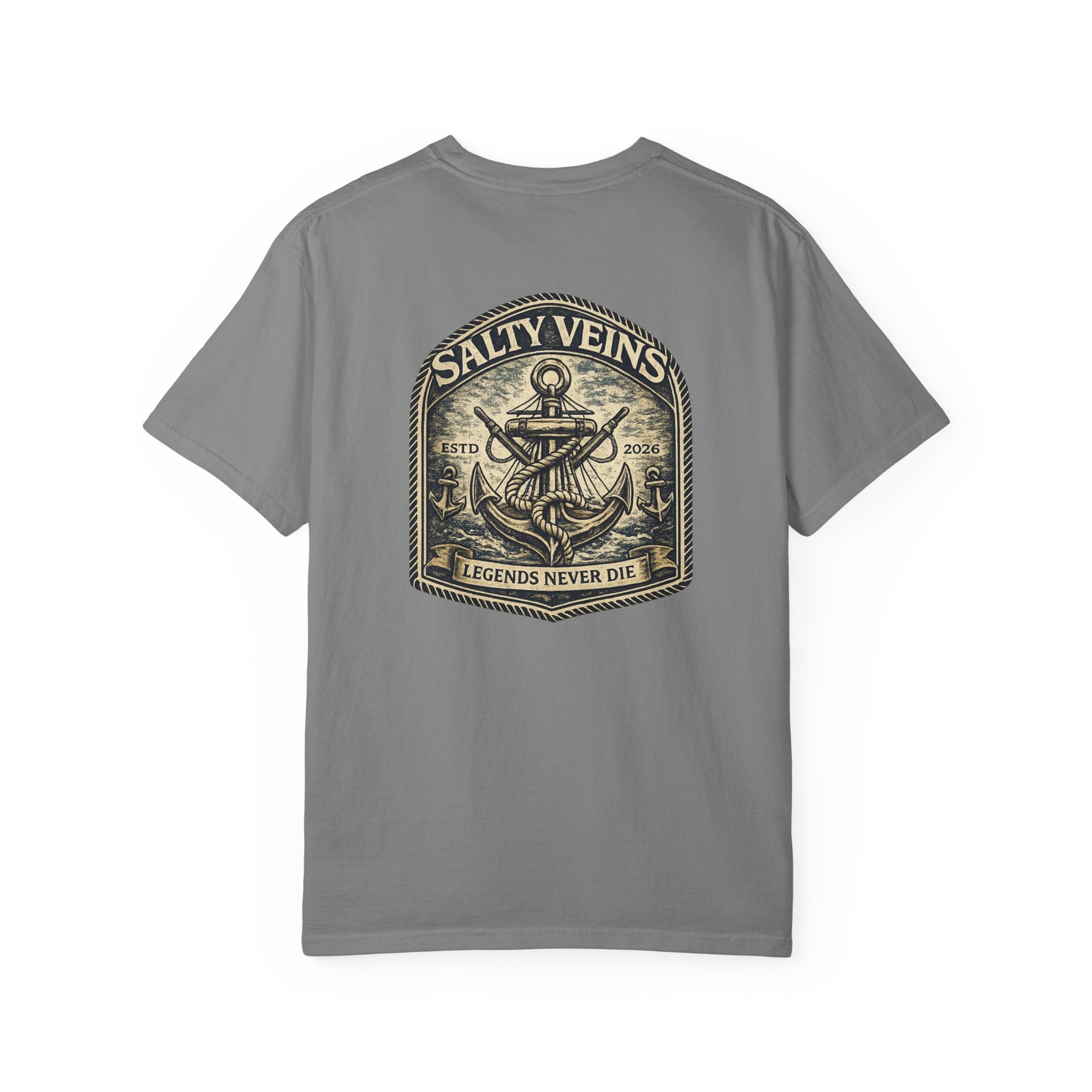 T-shirt Salty Veins Anchor — T-shirt graphique nautique « Legends Never Die »