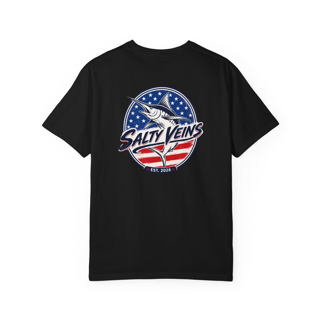 Salty Veins Marlin American Flag Fishing Tee