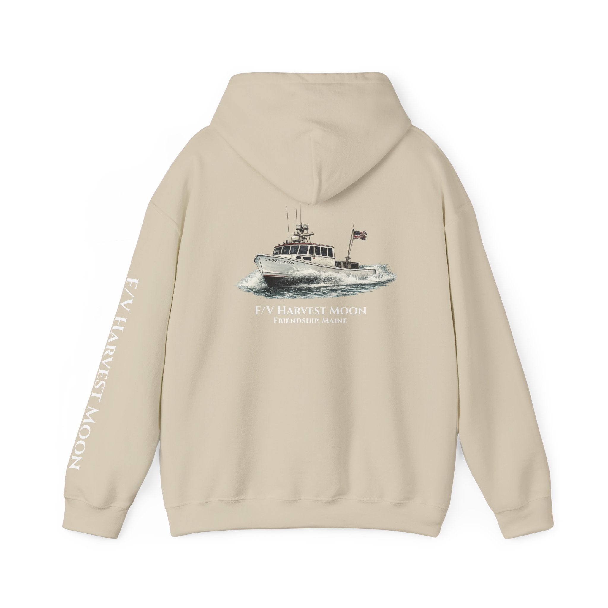 Sweat à capuche Salty Veins F/V — Sweat-shirt à capuche illustré « FV Harvest Moon » (bateau de pêche)