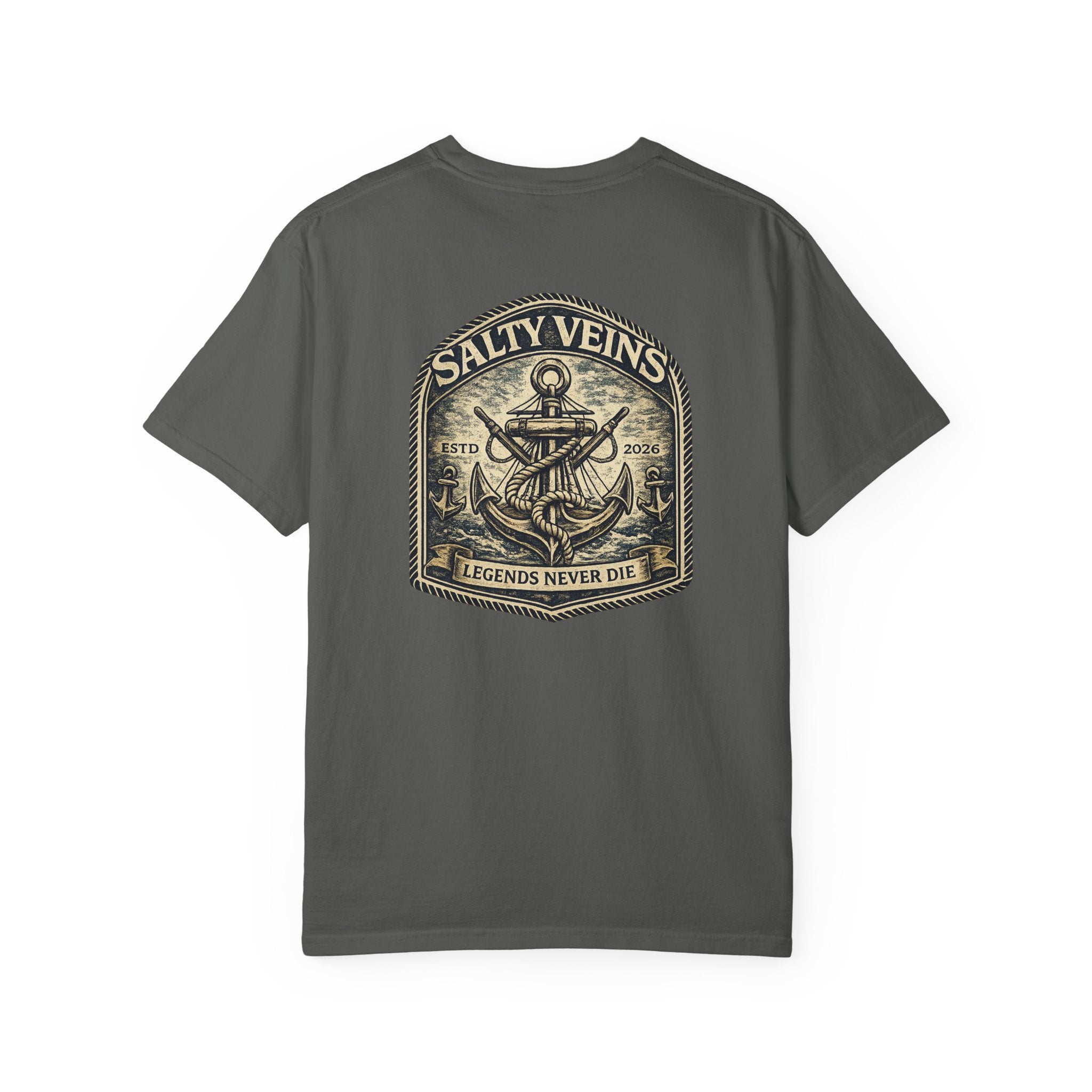 T-shirt Salty Veins Anchor — T-shirt graphique nautique « Legends Never Die »