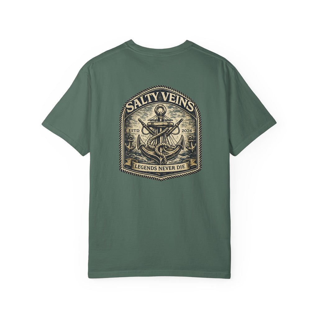 T-shirt Salty Veins Anchor — T-shirt graphique nautique « Legends Never Die »