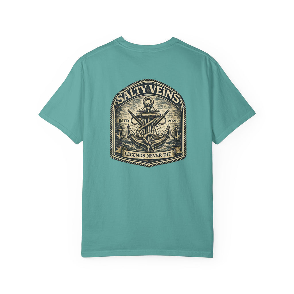 T-shirt Salty Veins Anchor — T-shirt graphique nautique « Legends Never Die »