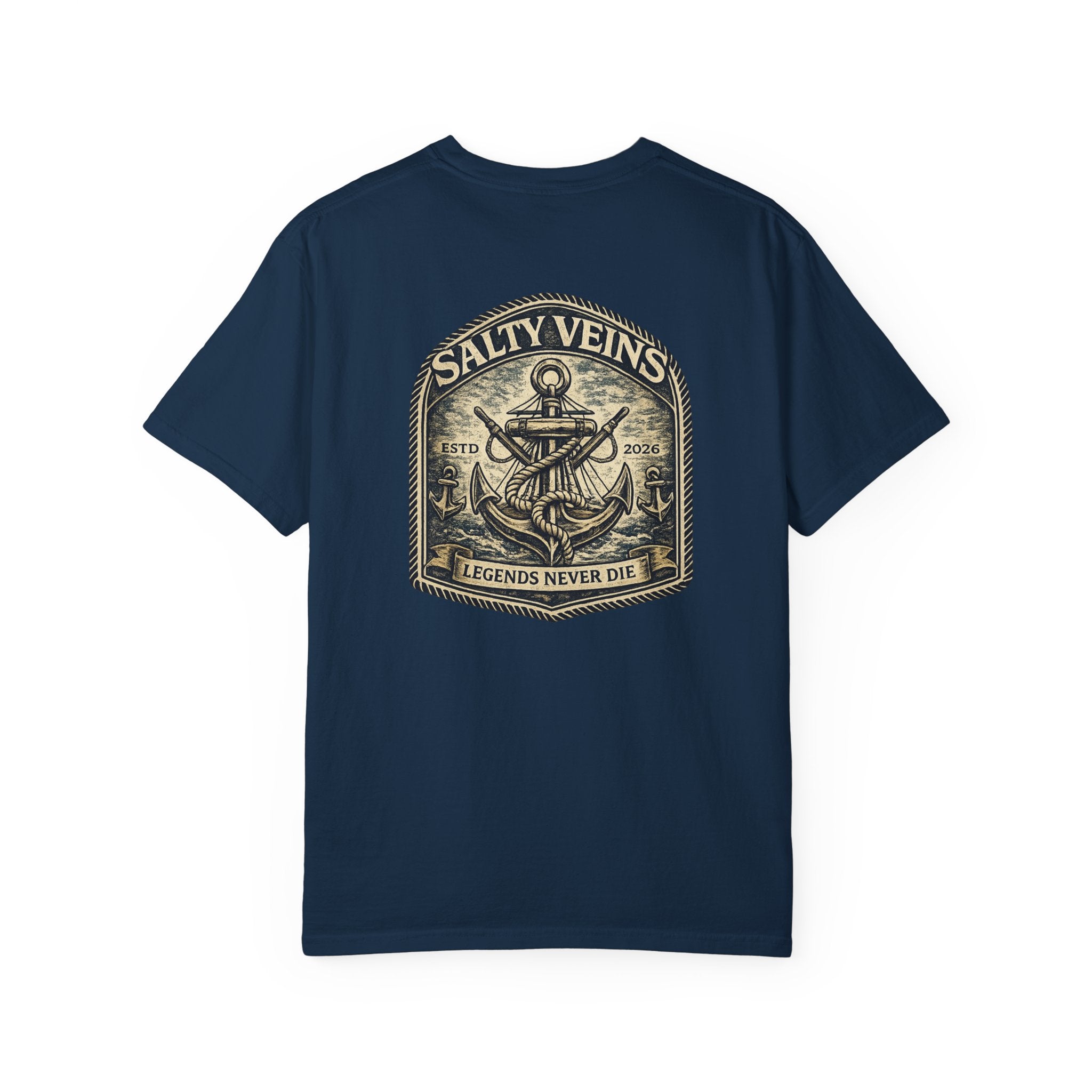 T-shirt Salty Veins Anchor — T-shirt graphique nautique « Legends Never Die »